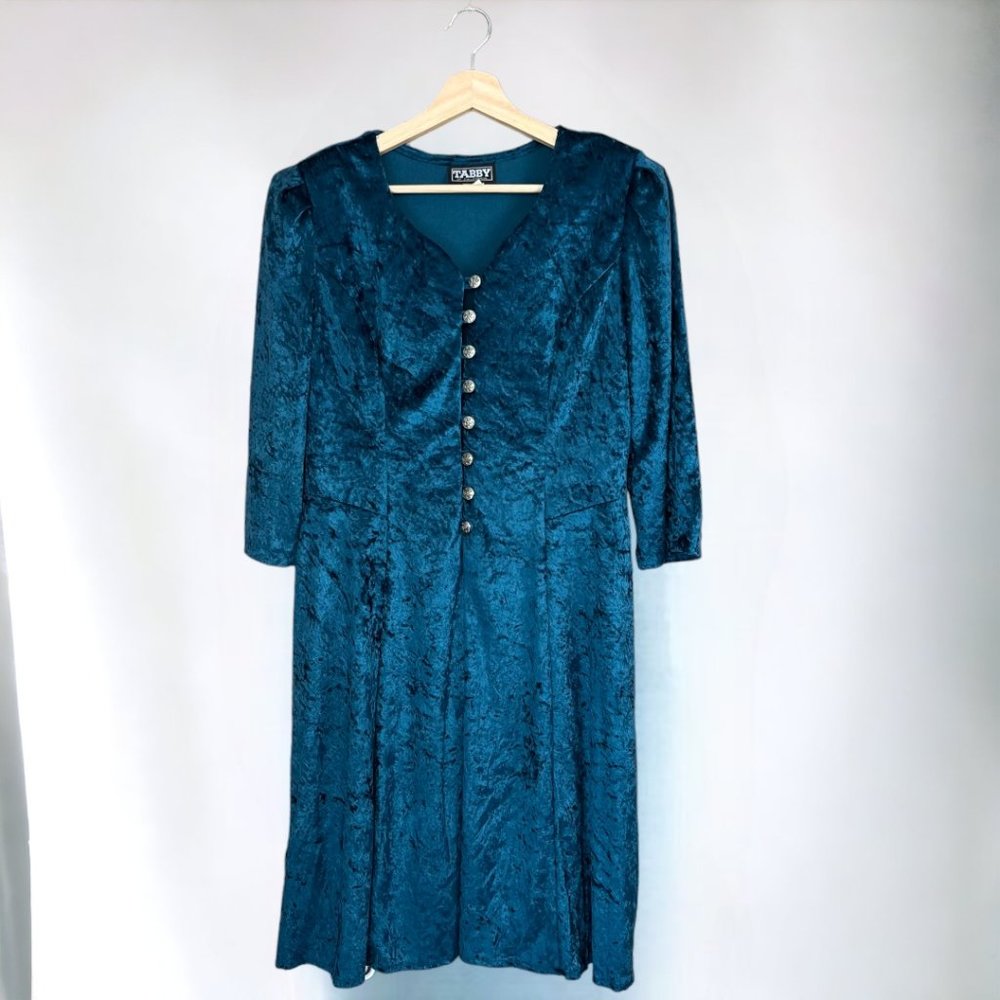 VTG 90s Tabby of California Velvet Emerald Green Long Sleeve Mini Dress Size 16P